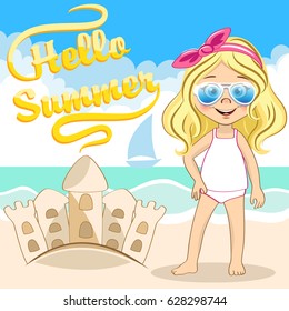 Vector cute blonde girl with cool blue sunglasses and sandcastle at the sea beach. Hello Summer illustration