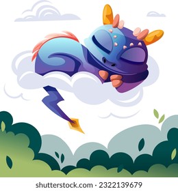 Vector cute blue dragon with yellow horns and a tail in the form of a lightning lies and sleeps on a cloud