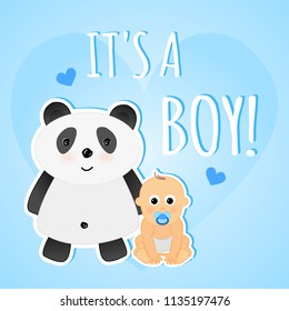 Vector cute blue greeting shower card it's a boy with baby and panda.