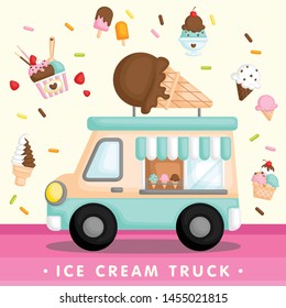 A Vector of Cute Blue Ice Cream Truck with Various Type of Ice Cream and Popsicle