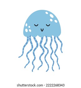 Vector cute blue jellyfish. Marine life animal in flat design. Marine underwater medusa. Transparent creature. Smiling jellyfish with striped tentacles.