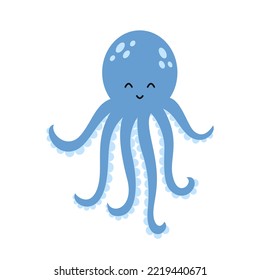 Vector cute blue octopus. Sea animal in flat design. Octopus with tentacles.