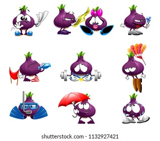 vector cute blue onion smile characters funny smiles emotions sport set of smiles