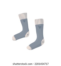 Vector cute blue pair of  socks with hearts clipart on white background, autumn winter set of trendy fabric socks illustrations, adorable warm soft wool apparel for foot graphic design icon object