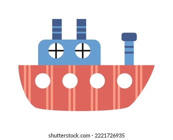 Vector cute blue and red steamship. Childish sea ship with pipes. Sea striped transport in flat design.