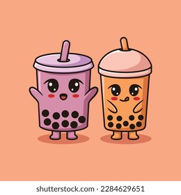 Vector Cute Boba Tea Illustration. Kawaii Food and Drink Cartoon Character Design For Banner, Poster, Icon, and Mascot