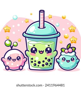 Vector Cute Boba Tea Illustration. Kawaii Food and Drink Cartoon Character Design For Banner, Poster, Icon, and Mascot