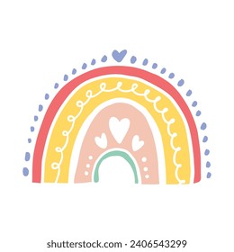 Vector cute boho rainbow with hearts, twigs. decorative element of pastel colors for nursery design