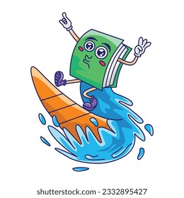 Vector cute book surfing in sea cartoon vector icon illustration  sport icon concept isolated flat, back to school