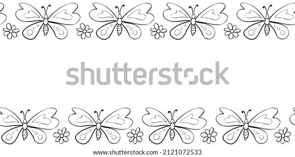 Vector cute border, frame of outline butterflys\
and flowers in doodle style. Horizontal top and bottom edging,\
decoration, seamless pattern for holidays, natural design, spring,\
summer, children