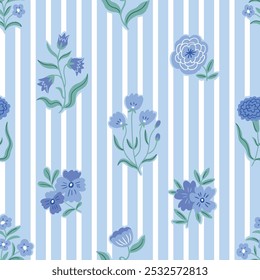 Vector cute botanical seamless pattern. Classical vintage bouquets on blue striped background. Floral elegance print design for fabric , wallpaper or wrapping paper.