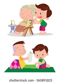 Vector of Cute boy cartoon healing massage grandfather and grandmather