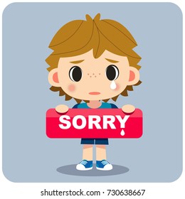 Vector cute boy character holding a sign with message sorry on color background.