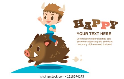 Vector cute boy character riding on a wild boar for greeting card