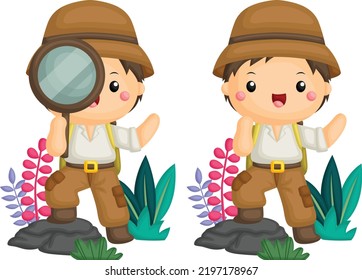 A Vector Of A Cute Boy Dressed As A Forest Explorer With Magnifying Glasses