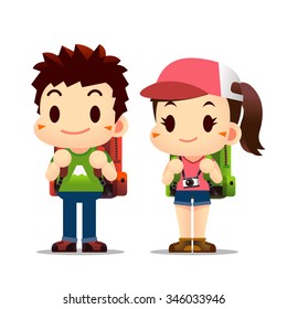 Vector of Cute Boy and Girl Backpackers Character