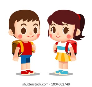 Vector cute boy and girl character carrying backpack and going to school isolated on white background