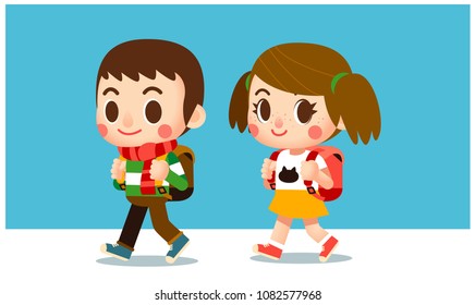 Personagens de menino e menina bonito vetor caminhando para a escola juntos
