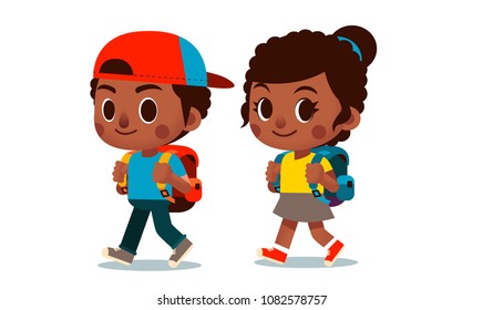 Vector cute boy and girl characters walking to school together