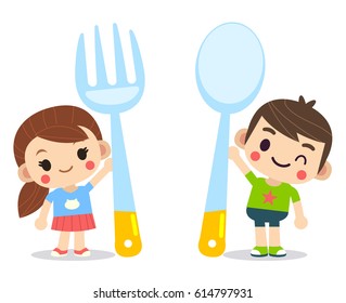 Vector Cute Boy and Girl, Kids holding Giant Fork and Spoon.
