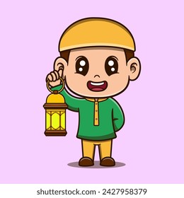 Vector cute boy holding lantern vector icon illustration. ramadan mascot cartoon character.