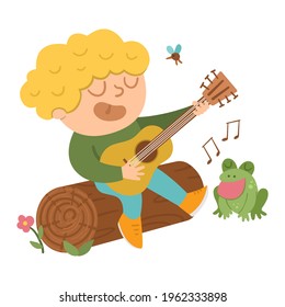 Vector cute boy playing the guitar and singing sitting on a log. Campfire activity scene with cute kid and frog. Traveler isolated on white background. Outdoor or summer camp tourist icon. 
