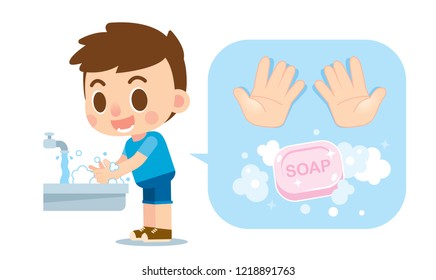 Vector cute boy washing hands with soap and hands icon