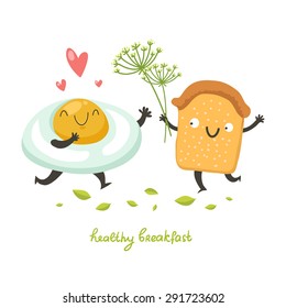 Vector cute breakfast: cartoon egg and toast bread characters going to hug. Vector colorful illustration isolated on white