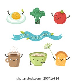 Vector cute breakfast: cartoon food set of cute funny stuff for breakfast (egg, tomato, broccoli, toast, a cup of coffee, oatmeal porridge)