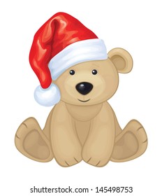 Vector cute brown bear in red Santa's hat isolated 