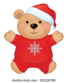 Vector cute brown bear in red Santa's costume isolated 