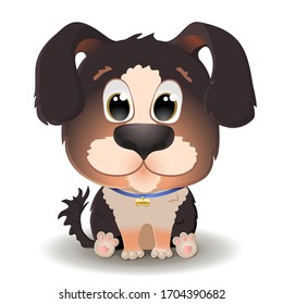 Vektorillustration süßer brauner Hund mit großen Augen im Cartoon-Stil. Berner Sennenhund Puppy sitzt und lächelt. Flache Zeichengrafik einzeln auf weißem Hintergrund