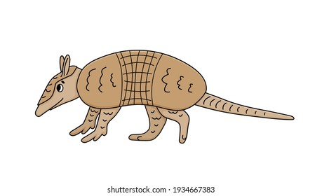 Vector cute brown doodle Armadillo. Cartoon animal mammal is going to somewhere, is isolated on white background, side view