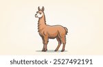 Vector cute brown graphic llama standing full length. Animals of south america. Light isolated background.