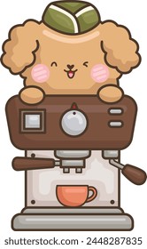 a vector of a cute brown poodle with a coffee machine