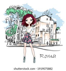 Vector cute brunette girl on a typical Roman street with Stone pine trees in the old city in Rome, Italy.