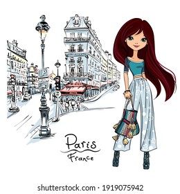 Vector cute brunette girl on a paris street in Paris, France