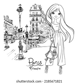 Vector cute brunette girl on a paris street in Paris, France. Black and white illustration for coloring book.