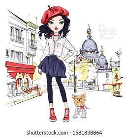 Vector cute brunette girl in red beret on Place du Tertre, quarter Montmartre in Paris, France