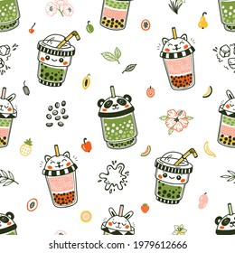 Vector Cute Bubble Tea Seamless Pattern for Kids. Plastic Takeaway Cups with Animals: Panda, Cat, Rabbit, Kawaii Face. Summer Pearl Milk Beverage and Fruits, Flowers. Boba tea Drinks with Tapioca. 