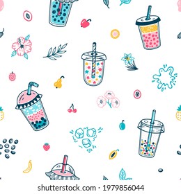 Vector Cute Bubble Tea Seamless Pattern. Colorful Background with Plastic Takeaway Cups. Summer Pearl Milk Beverage and Fruits, Flowers, Leaves. Boba tea Drinks with Tapioca. Birthday Party