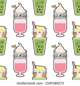 Vector Cute Bubble Tea Seamless Pattern for Kids. Plastic Takeaway Cups with Cat Kawaii Face. Summer Pearl Milk Beverage and Fruits, Flowers. Boba tea Drinks with Tapioca. EPS