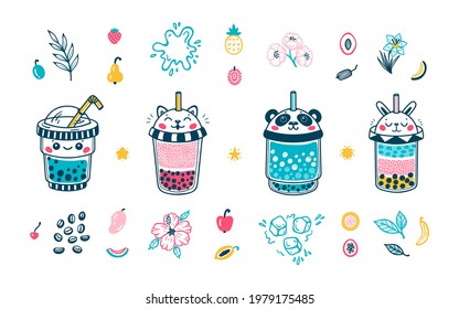 Vector Cute Bubble Tea set for Kids. Plastic Takeaway Cups with Funny Animals: Panda, Cat, Rabbit and Kawaii Face. Summer Pearl Milk Beverage and Fruits, Flowers, Leaves. Boba tea Drinks with Tapioca