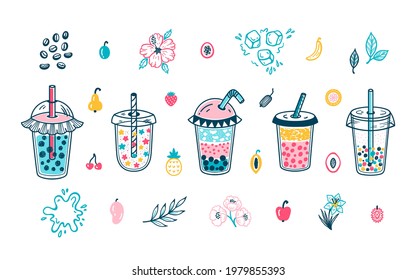 Vector Cute Bubble Tea Set. Plastic Takeaway Cups. Summer Pearl Milk Beverage and Fruits, Flowers, Leaves. Boba tea Drinks with Tapioca. Birthday Party