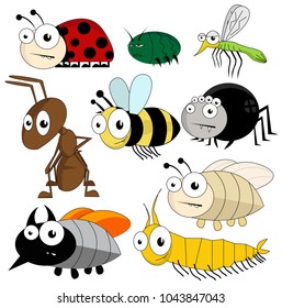 Vector cute bugs and insects isolated on white background