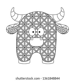 Vector cute bull, black silhouette isolated on white for coloring. Calf, drawn in doodle style with patterns of circles, lines, curls. graphic design designer. sketch