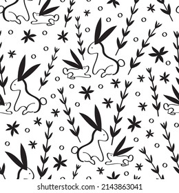 Vector cute bunnies, black white seamless pattern.