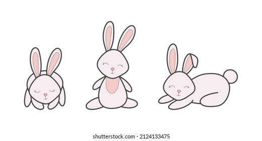 Vector cute bunny with different poses set. Easter rabbit collection. Nursery decoration. Decoration for clipart, greeting cards and posters