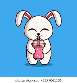 Vector Cute Bunny Drinking Smoothie Illustration. Kawaii Animal Cartoon Character Design For Banner, Poster, Icon, and Mascot