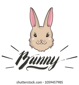 Vector cute bunny girl portrait. Hand drawn animal illustration for t-shirt print, kids greeting card, Happy Easter symbol.